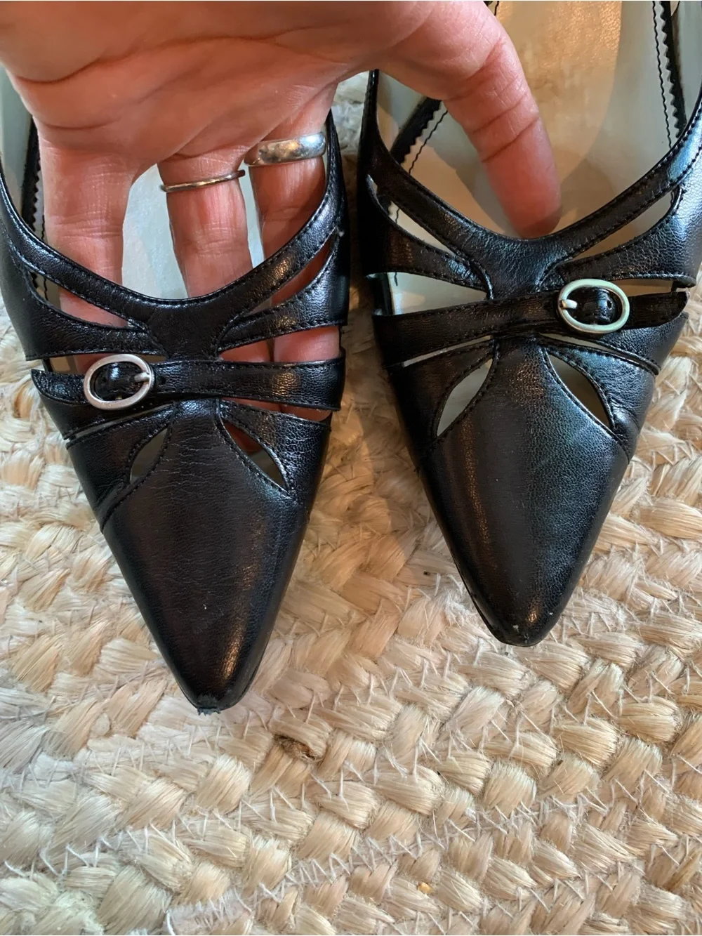 Anne Klein Black Pointed-Toe Cutout Leather Heels